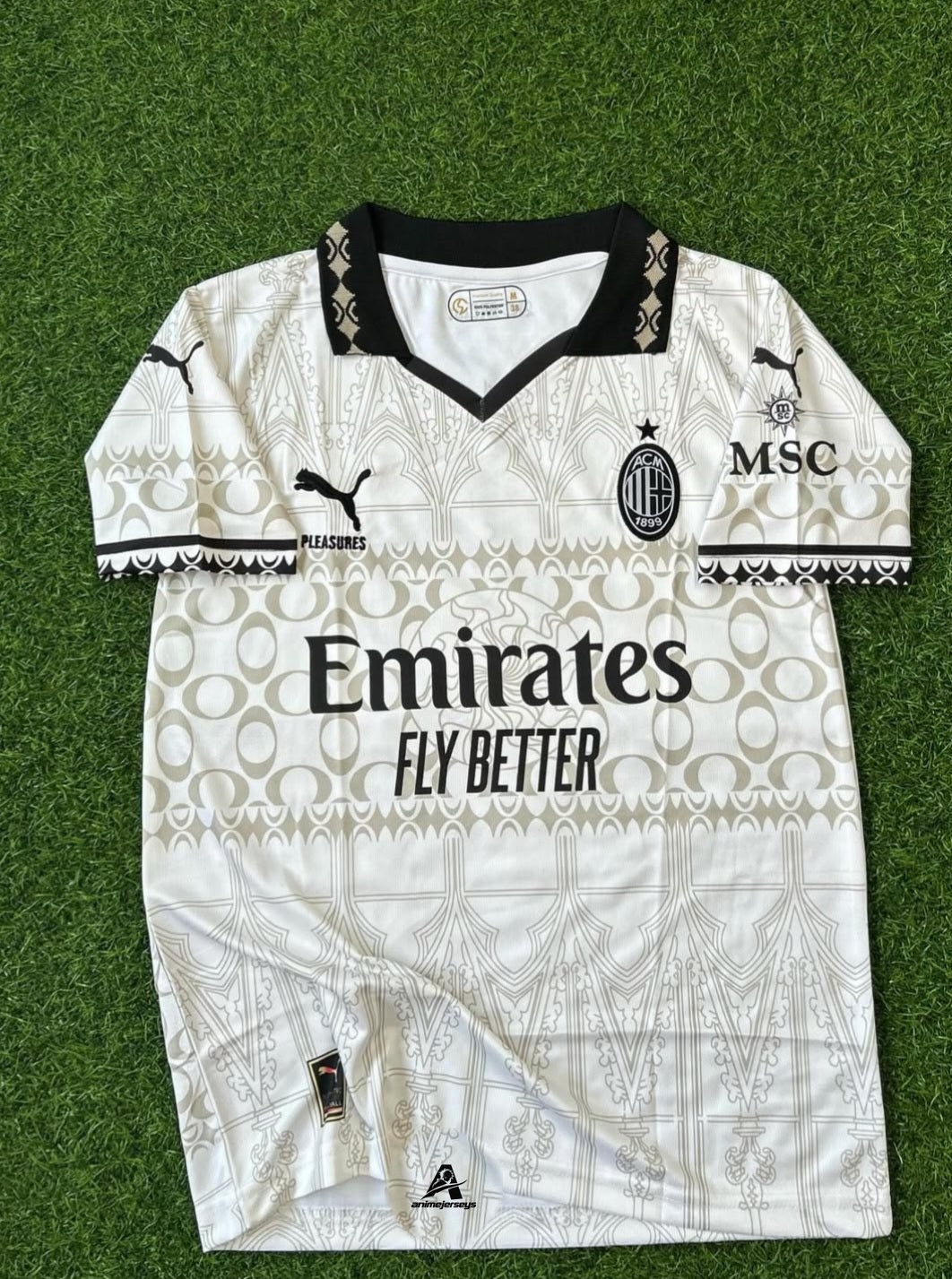 AC MILAN X PLEASURES 2023-24 FOURTH KIT, HALFSLEEVE POLO EMBROIDERY